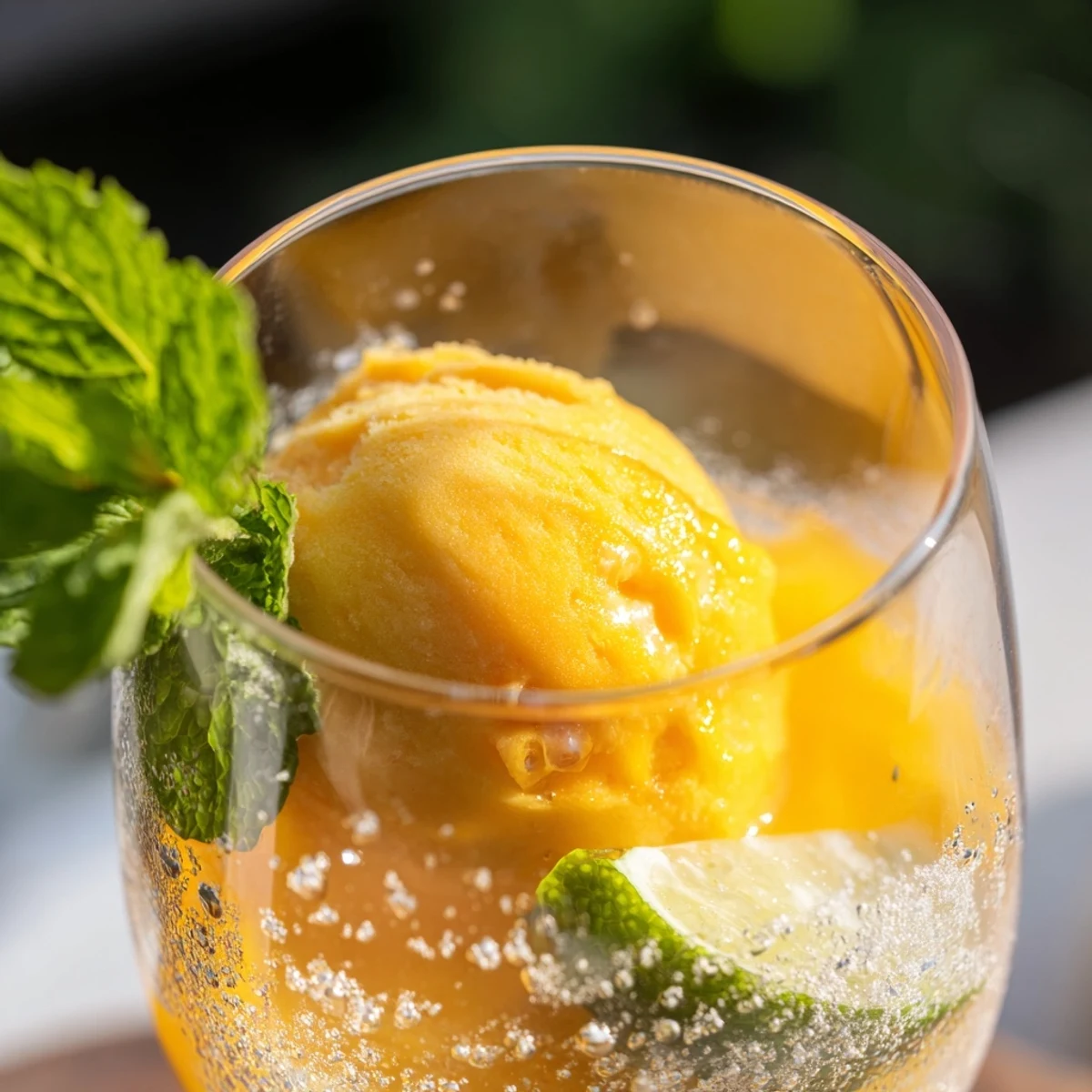 Tropical mango ginger glow rebel float garnished with mint and fresh lime wedge