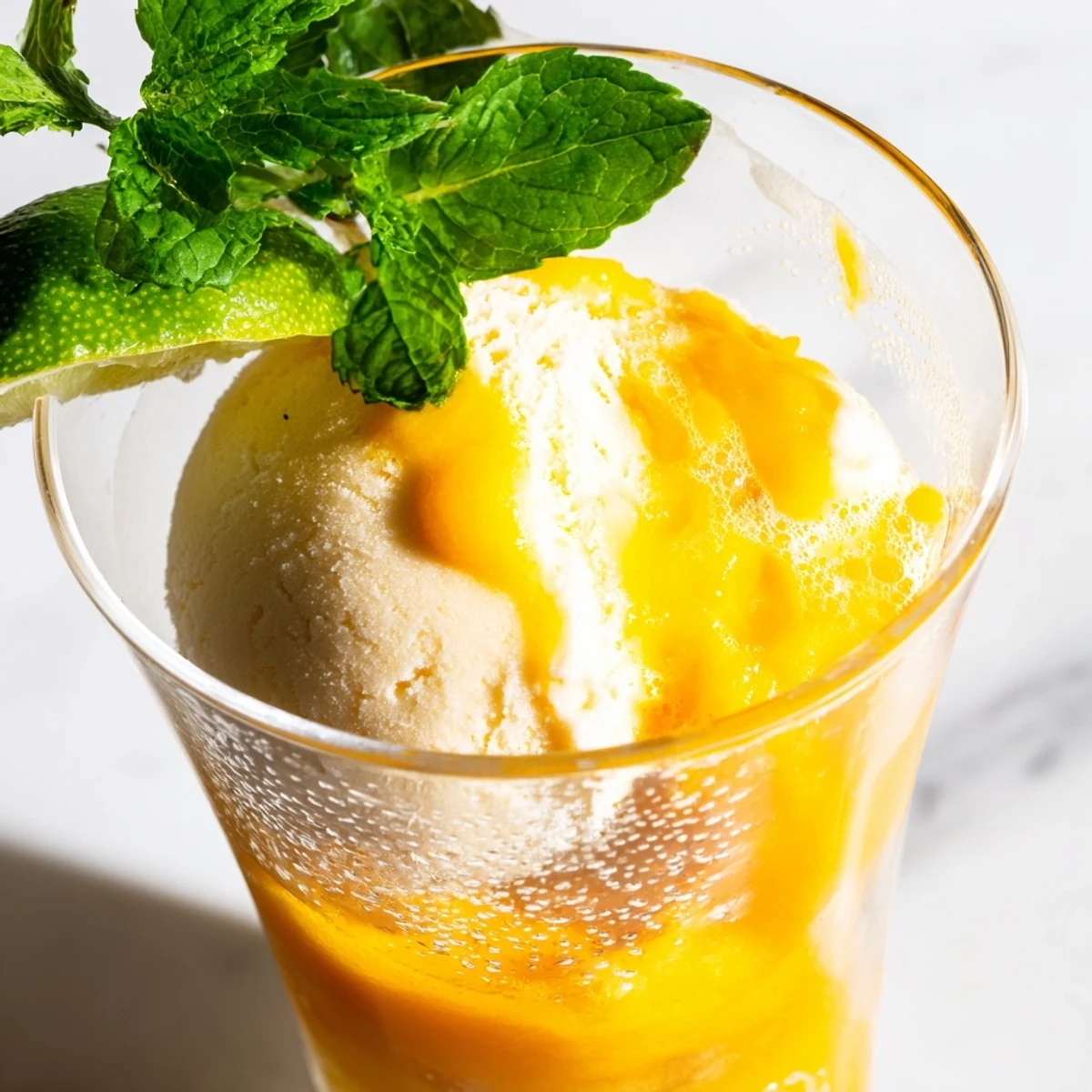 Golden mango ginger puree topped with vanilla ice cream in a refreshing float