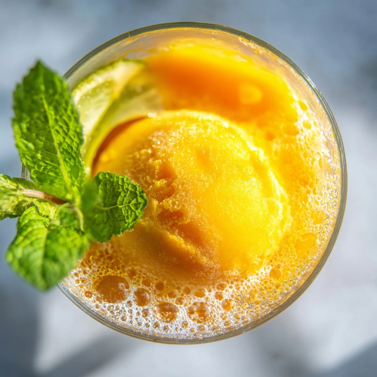 Creamy vanilla ice cream floating over zesty mango ginger blend in tall glass