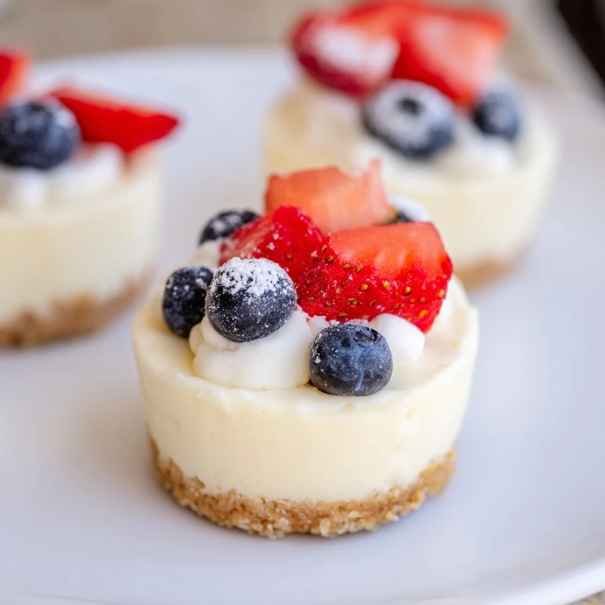 Golden mini cheesecakes with vanilla wafer crust topped with fresh red berries and white cream swirl