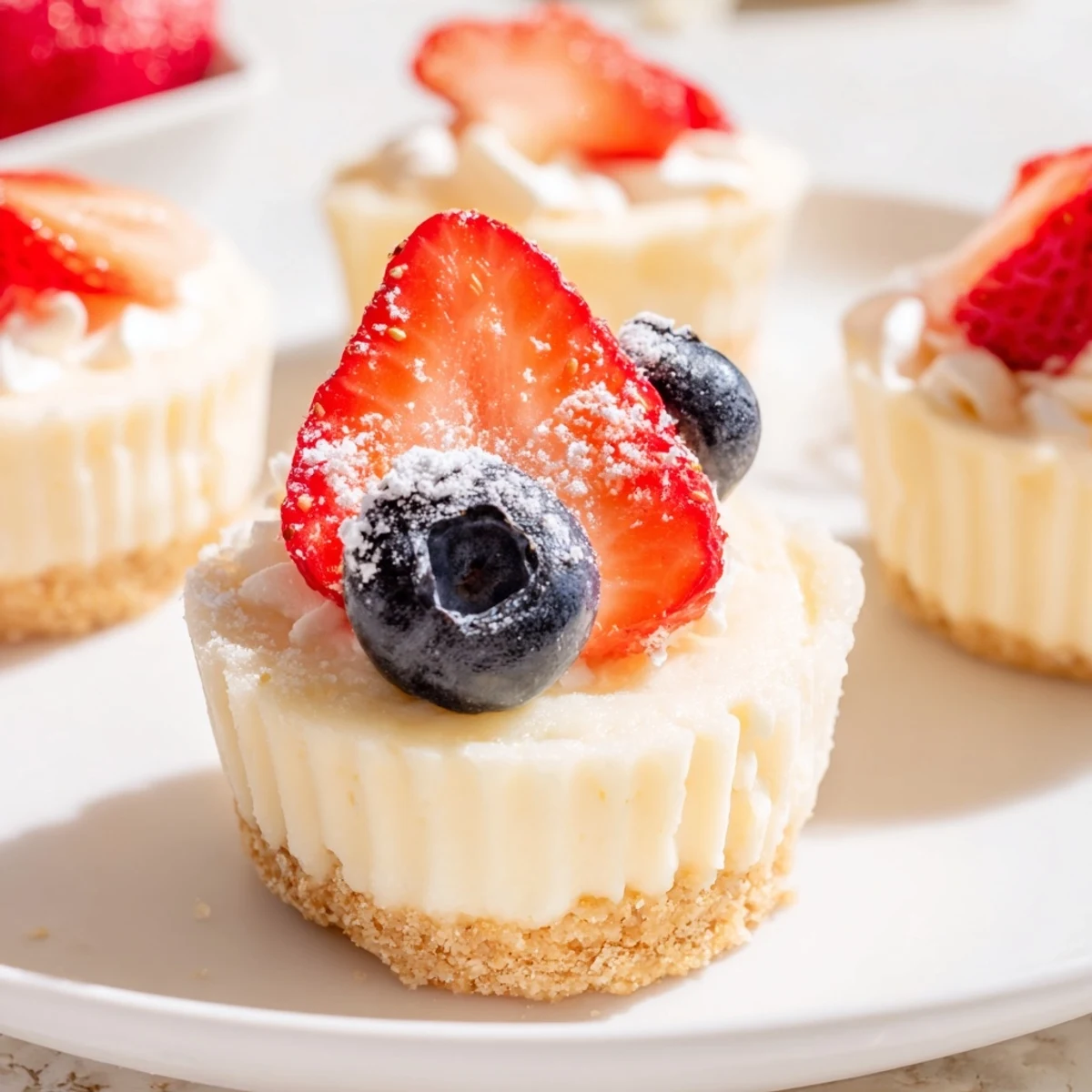 Bite-sized cheesecakes featuring crisp vanilla cookie bottoms and smooth creamy baked filling in paper liners