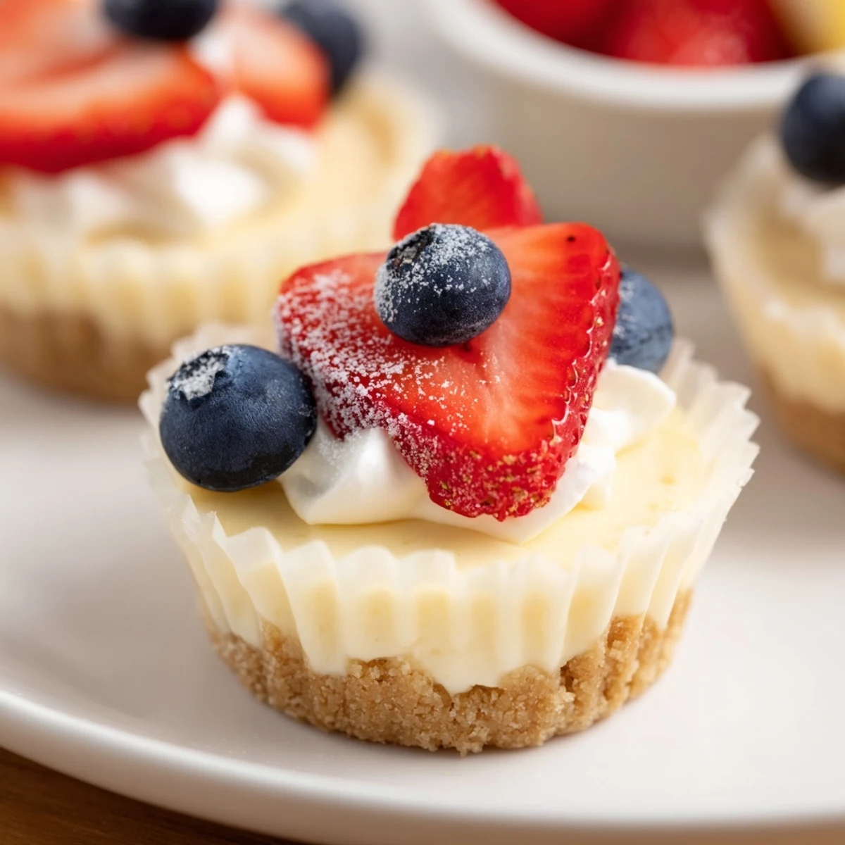 Individual vanilla wafer cheesecakes garnished with colorful fresh fruit on a white serving platter