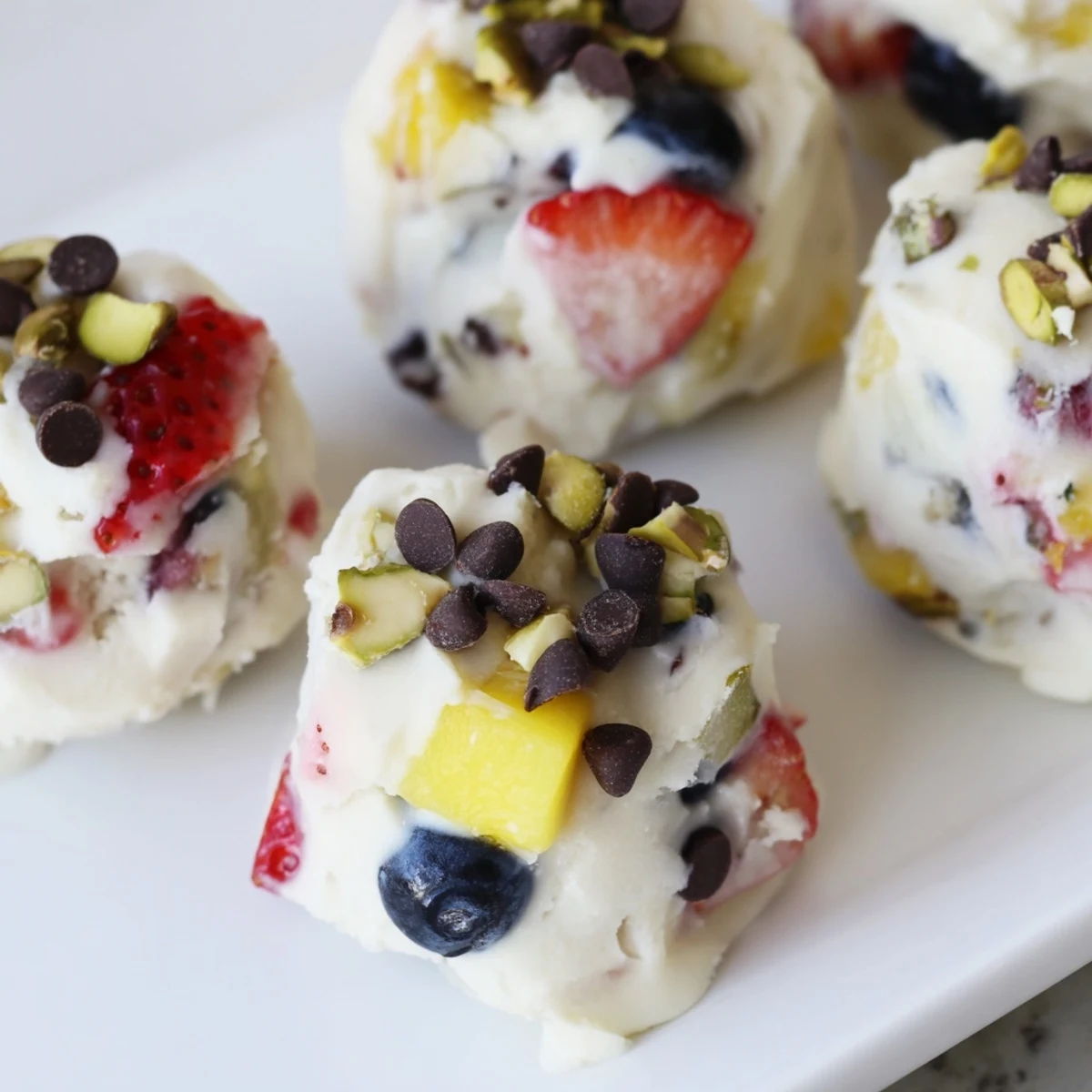 Colorful frozen Greek yogurt bites studded with fresh strawberries blueberries and mango pieces on a white plate