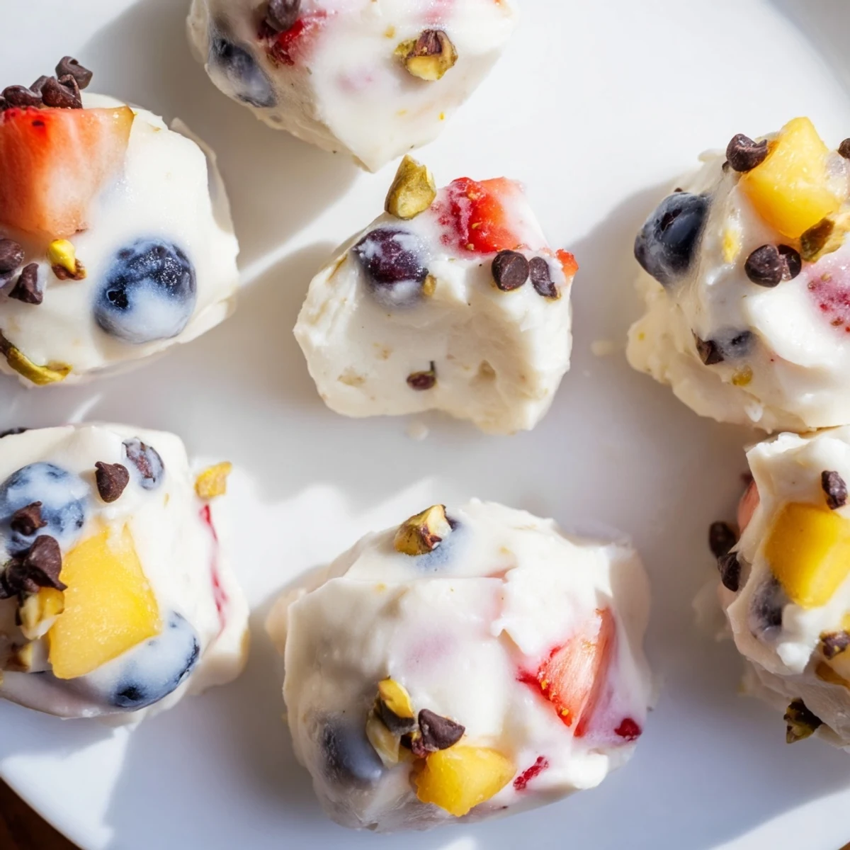 Creamy frozen Greek yogurt bites topped with mini dark chocolate chips and chopped pistachios on parchment paper
