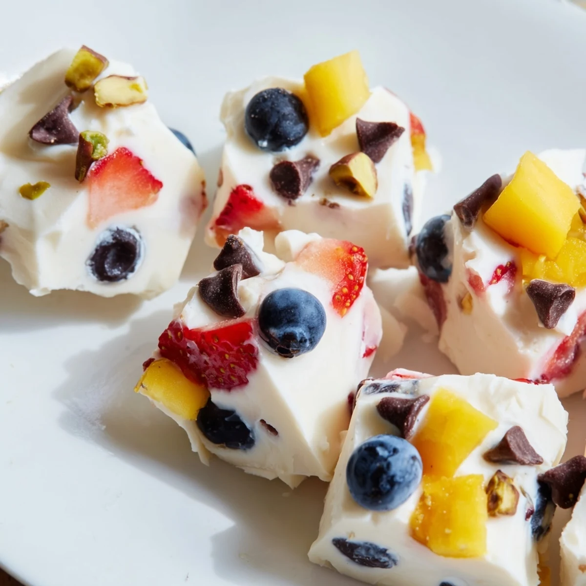 Close up of frozen Greek yogurt bites showing swirls of vanilla honey yogurt mixed with diced tropical fruit