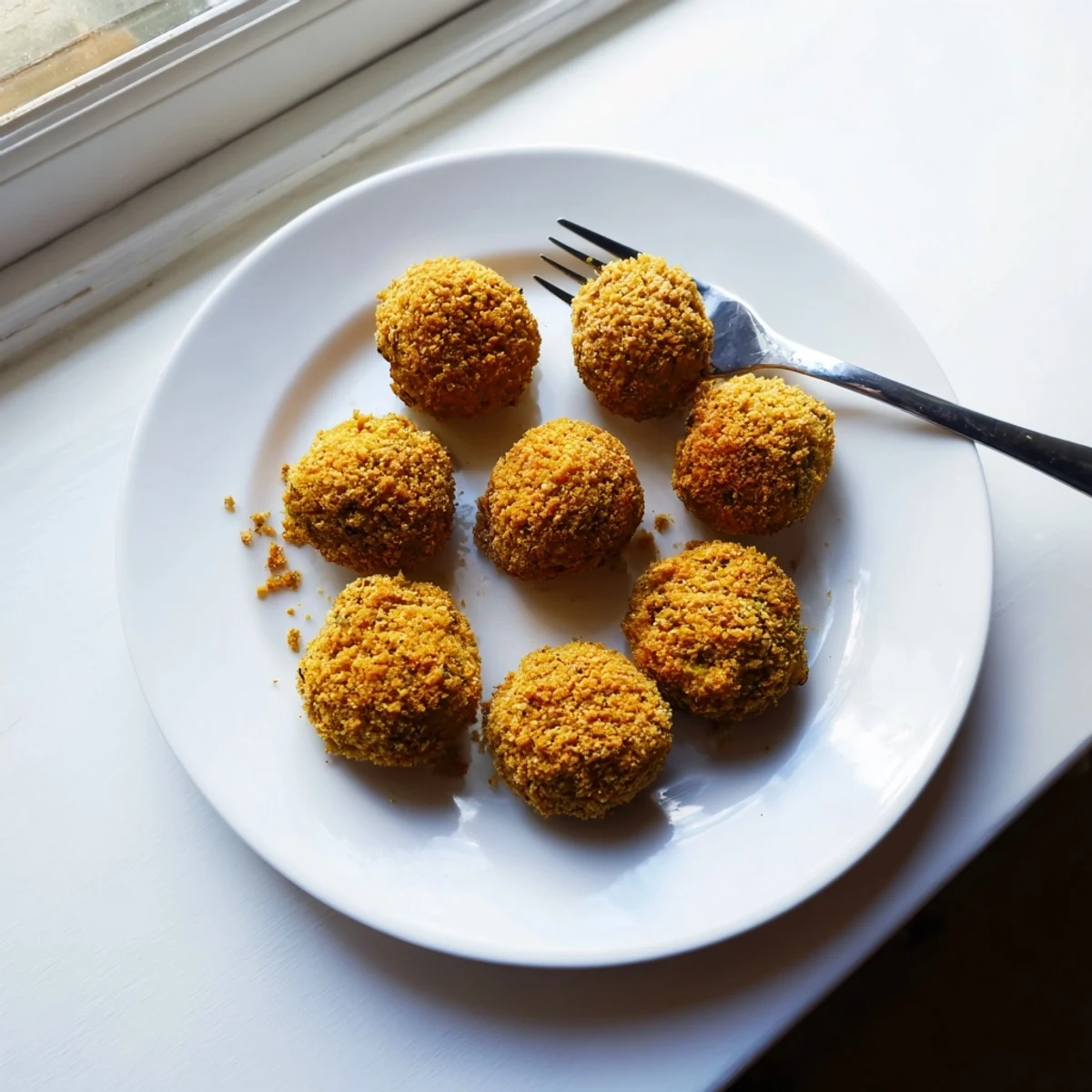 Golden crispy cornbread dressing balls served on a white plate with fresh parsley garnish
