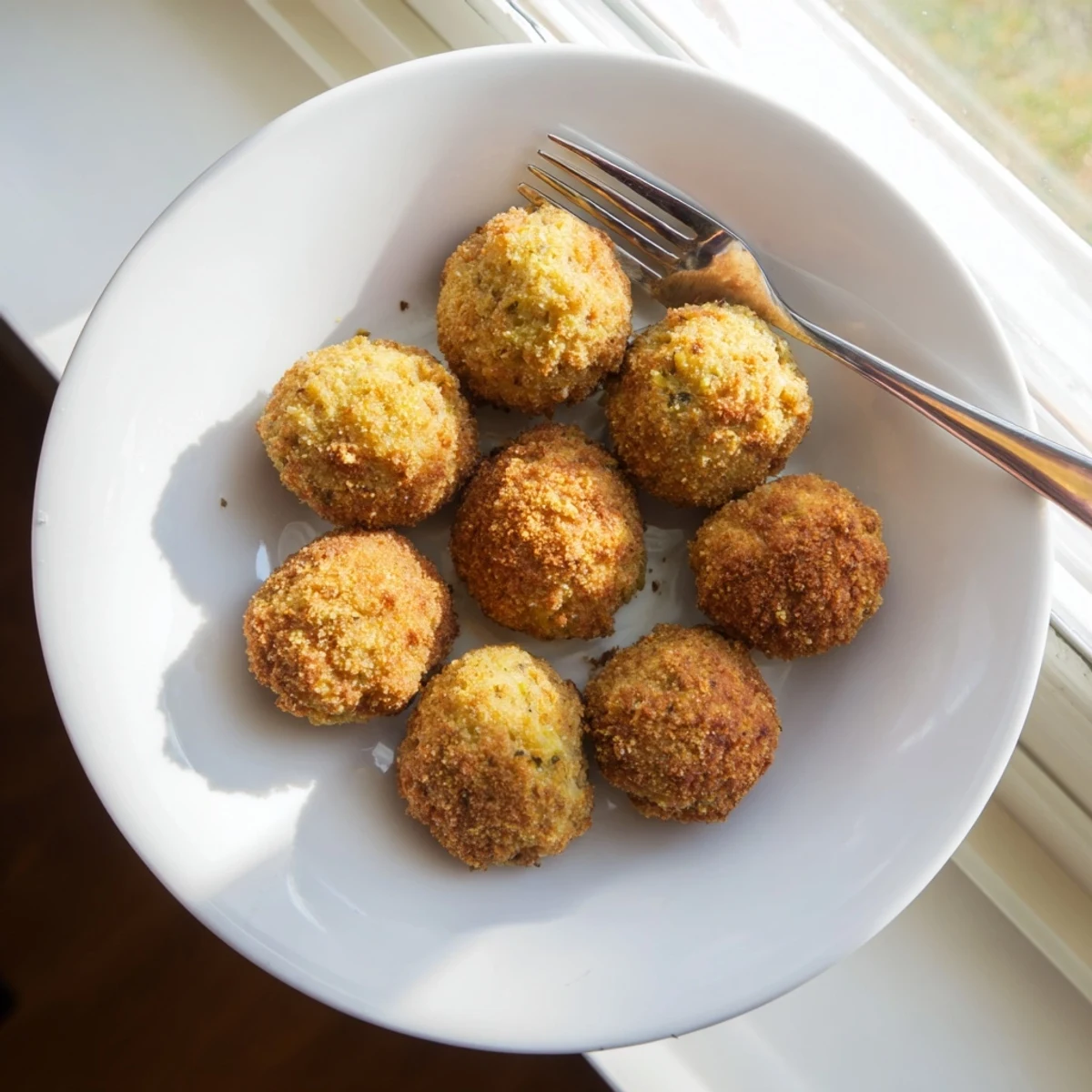 Plate of golden brown cornbread balls featuring sage and thyme flavors with crispy exterior