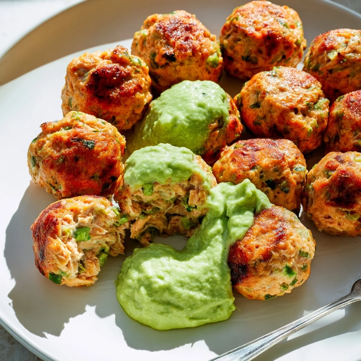 Freshly baked salmon meatballs served alongside a creamy avocado dipping sauce on a rustic wooden board