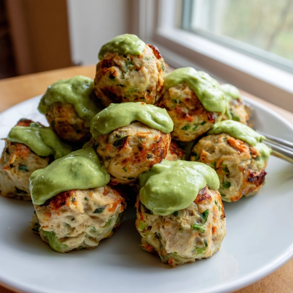 Golden baked salmon meatballs arranged on a white plate with vibrant green avocado sauce drizzled over the top
