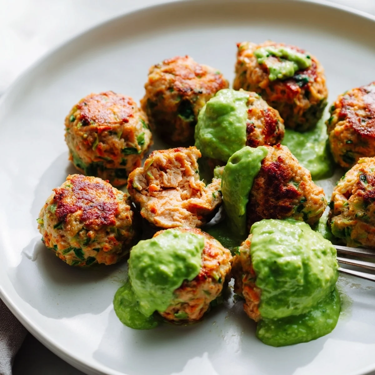 Tender oven-baked salmon meatballs garnished with fresh herbs and paired with smooth zesty avocado sauce