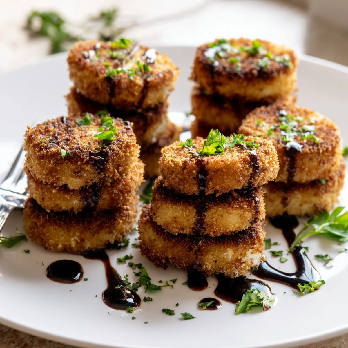 Golden brown crispy fried goat cheese medallions with a salty pretzel crust topping