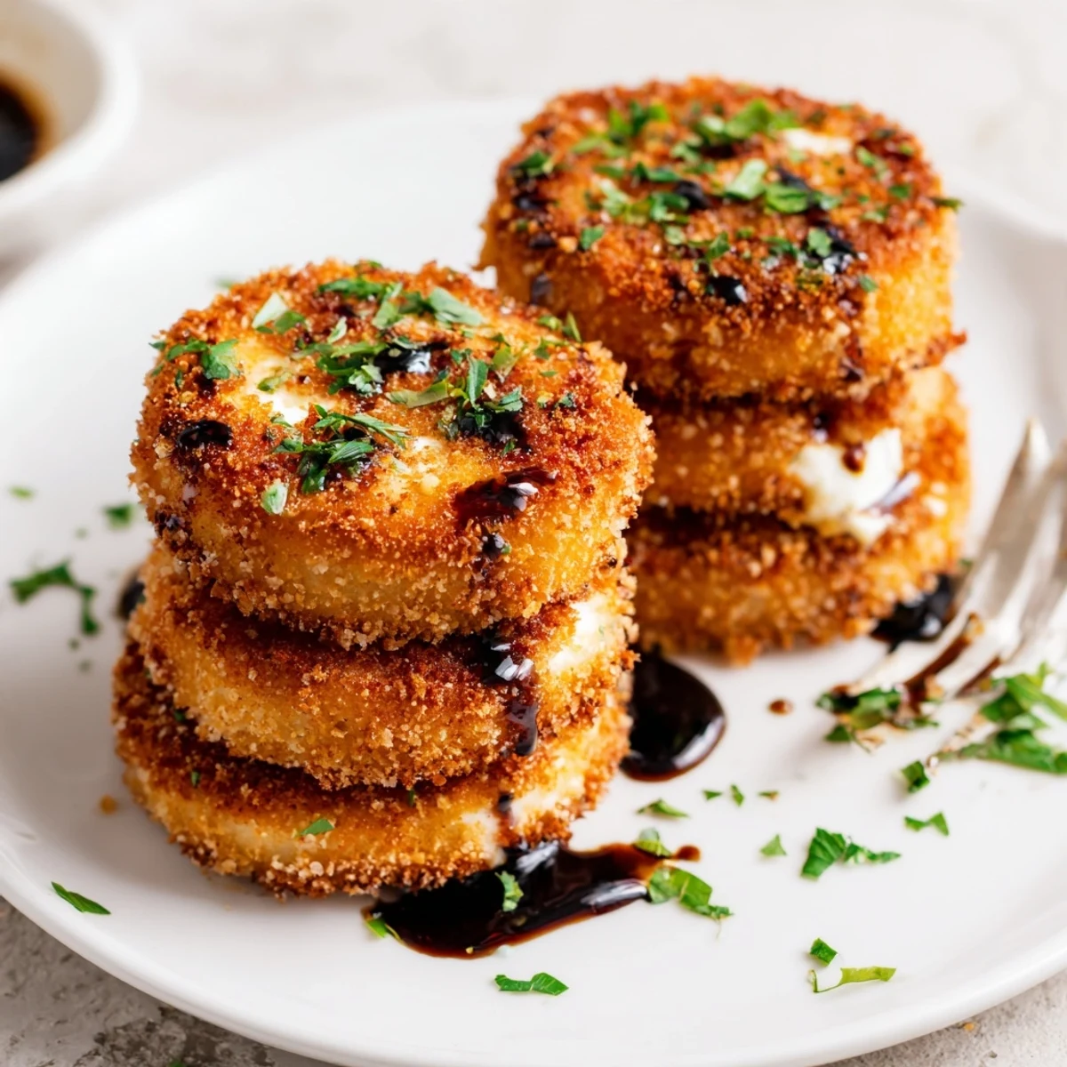 Fried goat cheese rounds with crunchy pretzel coating served on a white plate