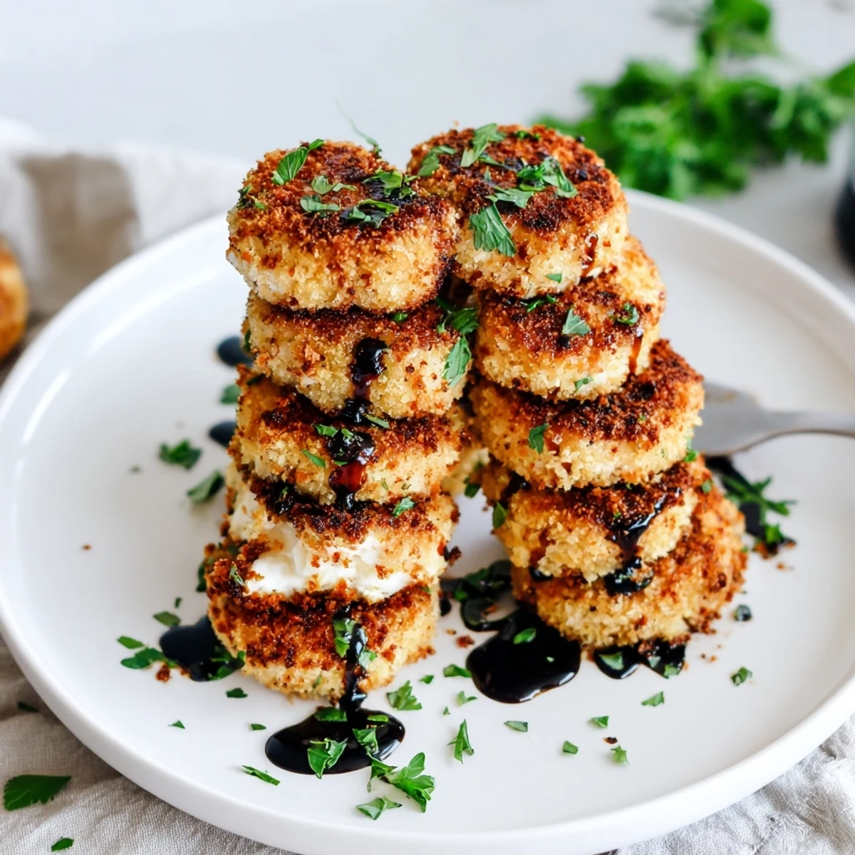 Crispy pretzel crusted goat cheese appetizer drizzled with honey and fresh chives