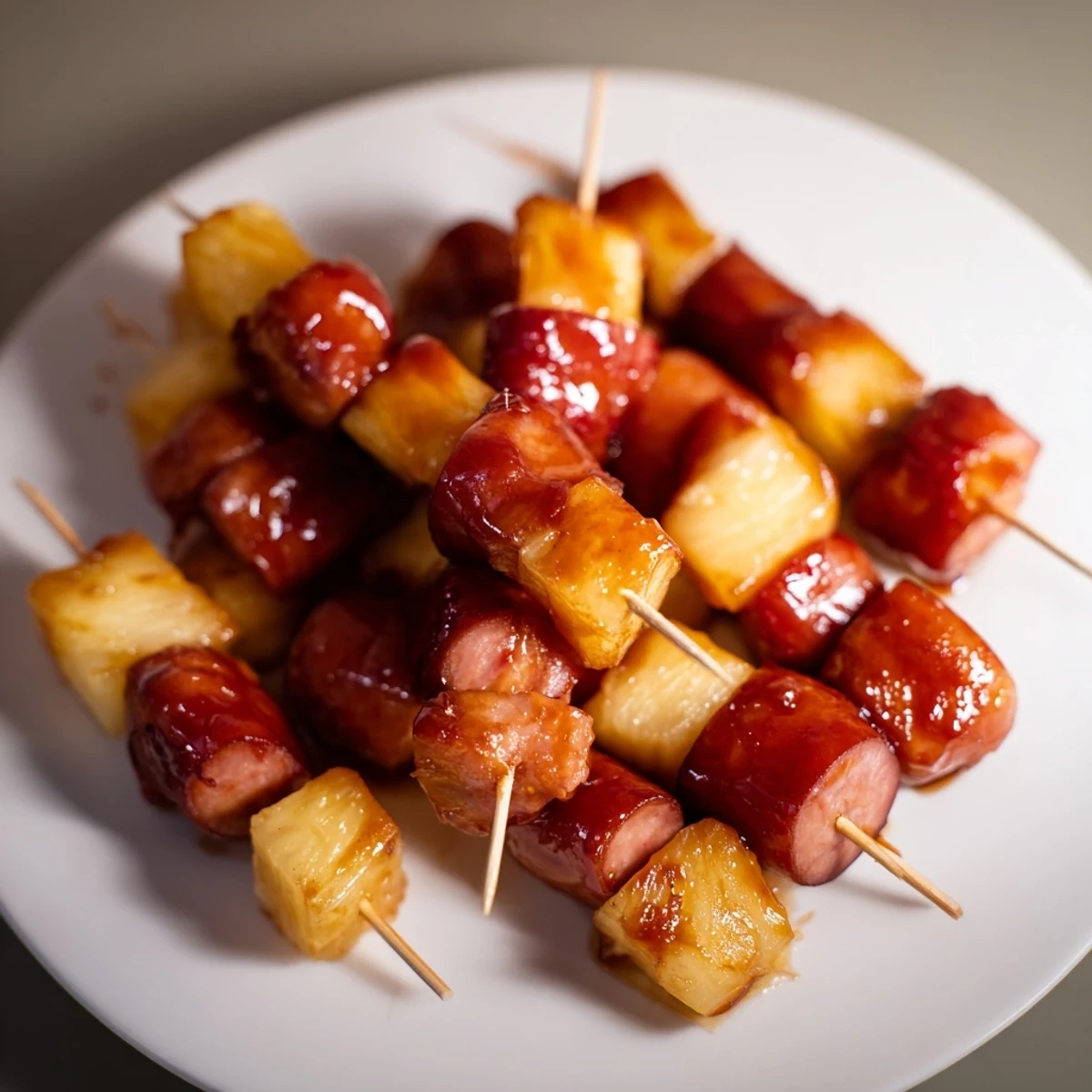Golden glazed kielbasa pineapple bites arranged on a white serving platter with toothpicks