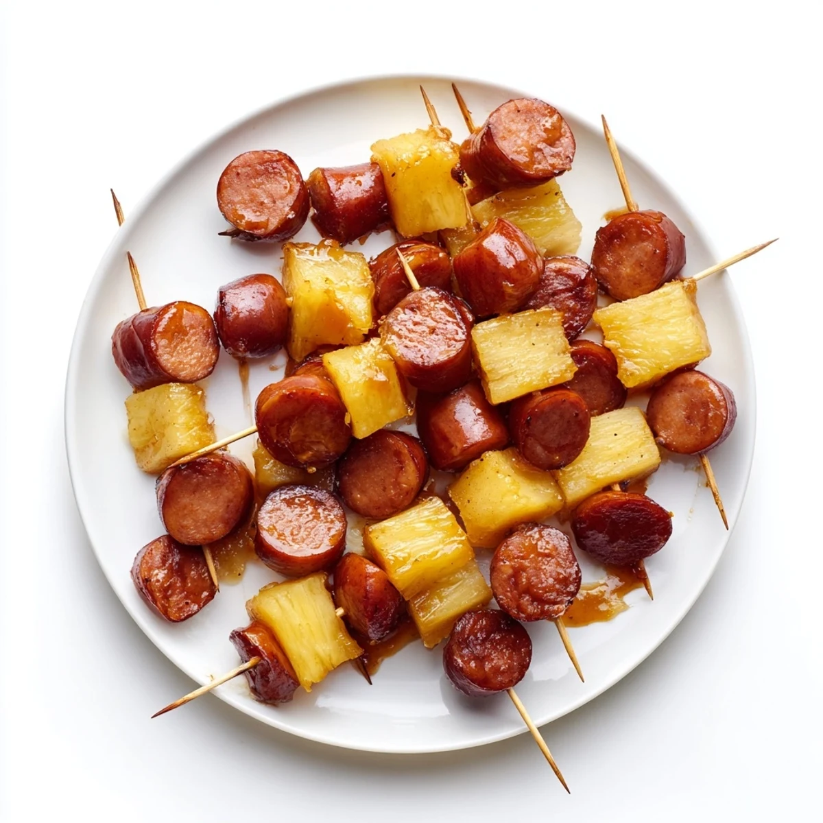 Caramelized sausage and pineapple chunks coated in sticky sweet barbecue glaze on baking sheet