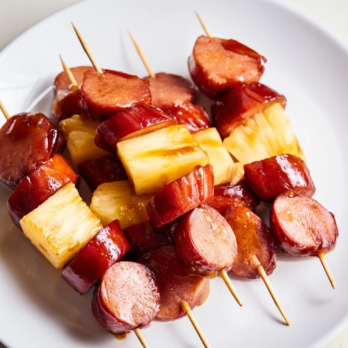 Savory glazed kielbasa pineapple bites glistening with tangy sauce, perfect party appetizer skewers
