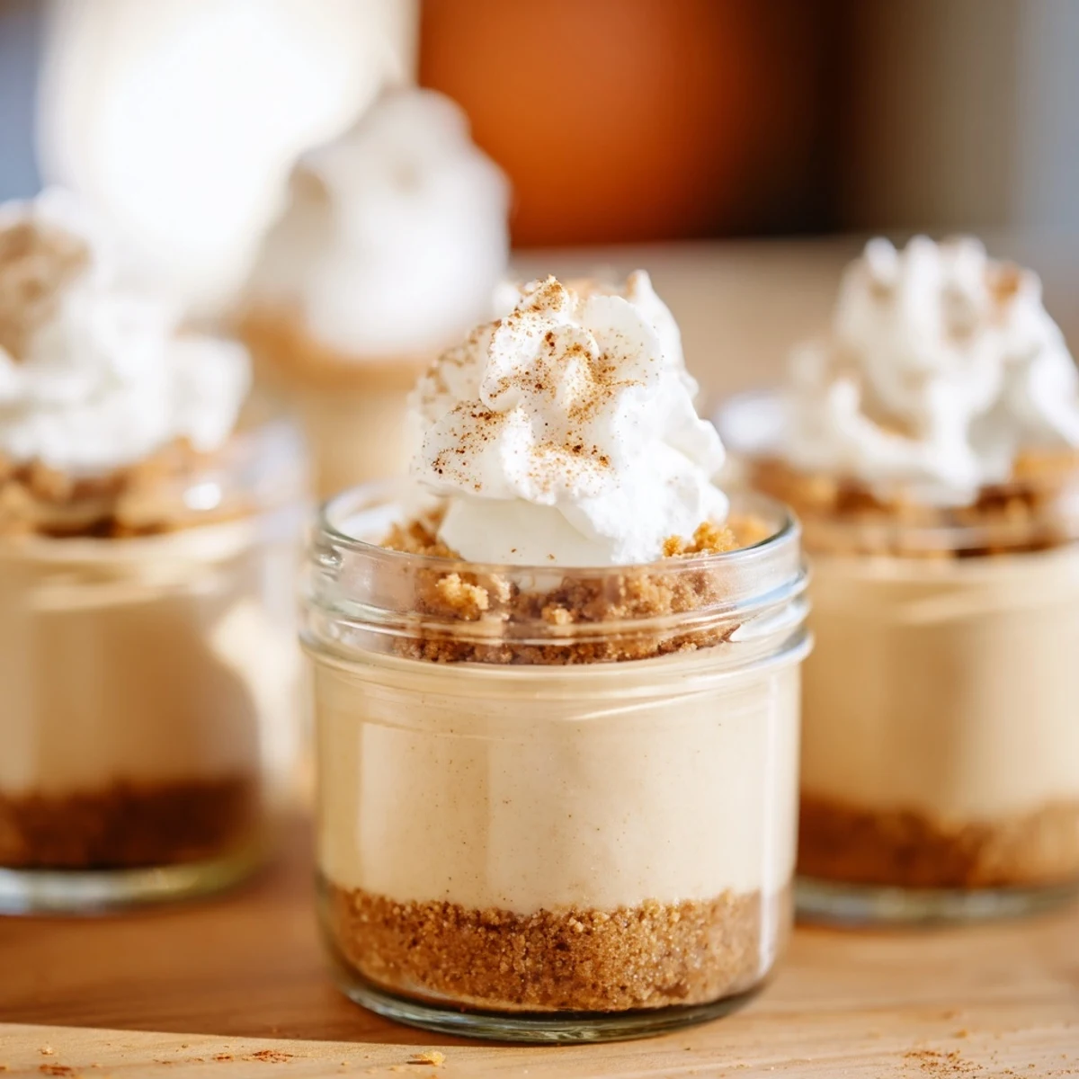 No bake mini mason jar spiced cheesecakes layered with cinnamon graham cracker crust