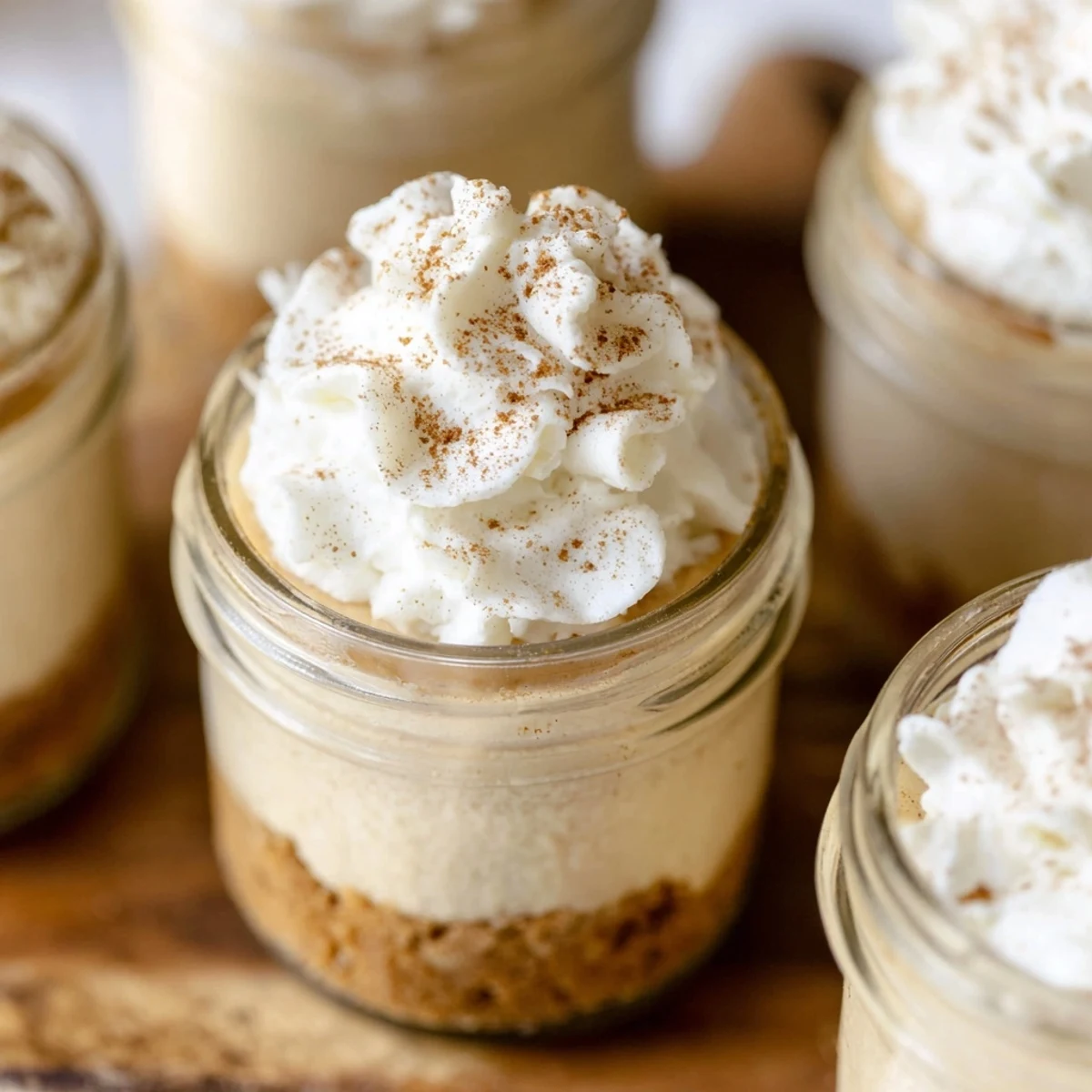 Individual glass jars showcasing creamy spiced cheesecake filling with whipped cream topping