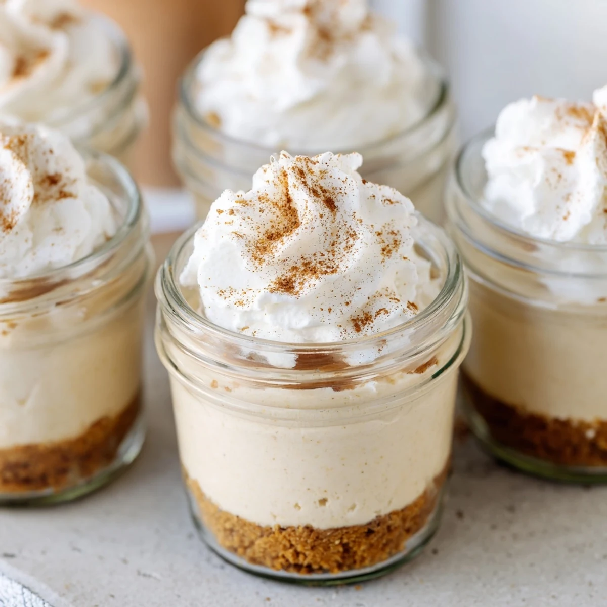 Close-up of handheld mason jar desserts featuring spiced no bake cheesecake layers
