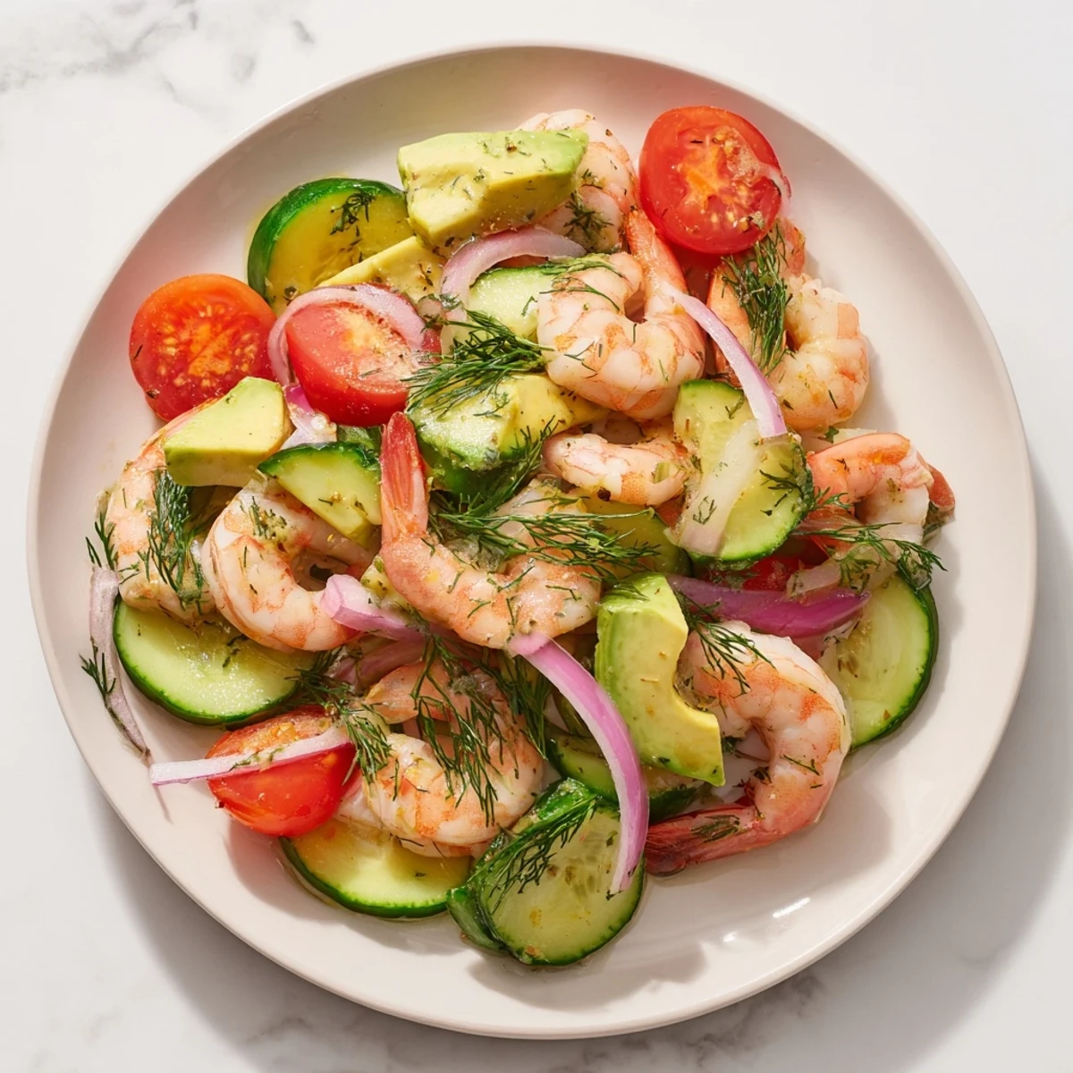 Fresh cucumber shrimp salad bowl featuring tender shrimp, crisp vegetables, and zesty lemon-herb dressing