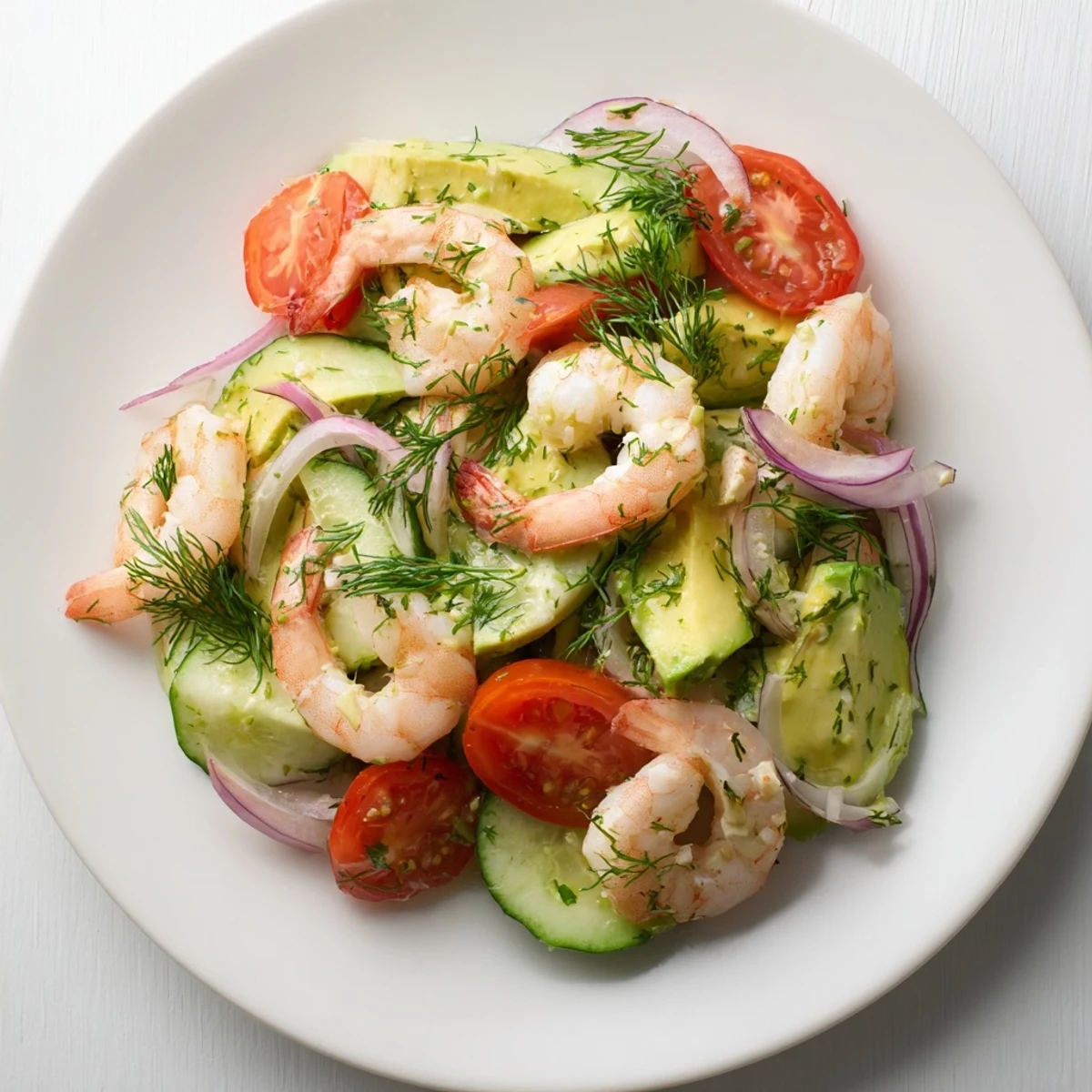 Light summer cucumber shrimp salad plated with ripe avocado chunks, cherry tomatoes, and delicate dill garnish