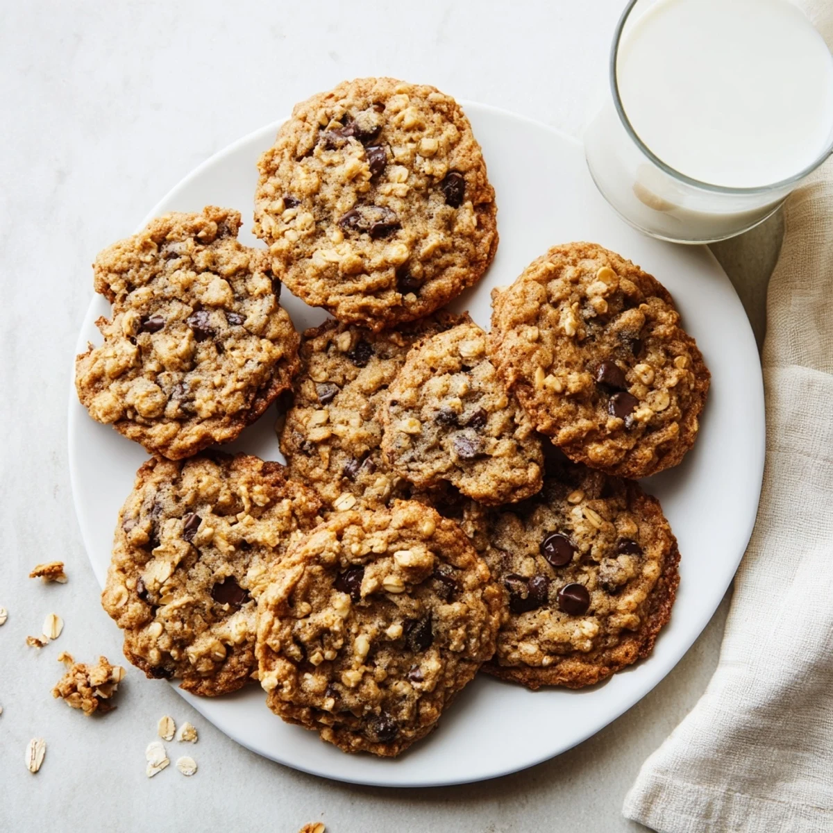 Chewy homemade oatmeal chocolate chip cookies stacked on a wooden board ready for serving
