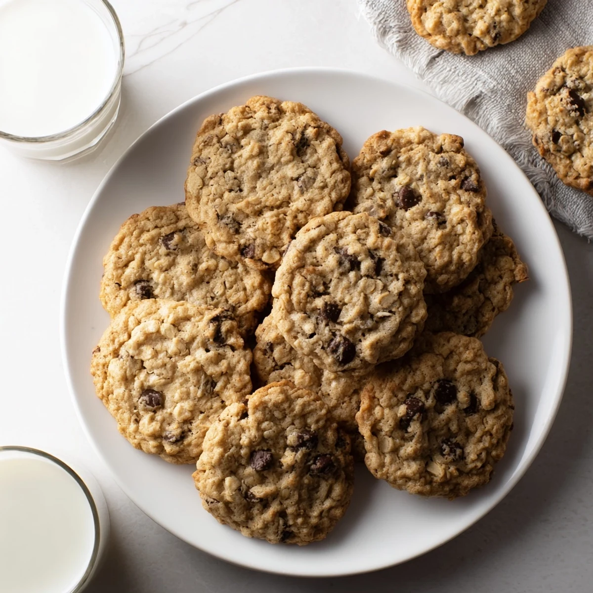 Plate of warm oatmeal chocolate chip cookies beside a cold glass of milk