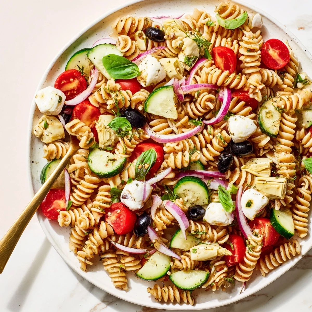 Colorful Italian vegetarian pasta salad tossed with cherry tomatoes, cucumber, and fresh mozzarella in a serving bowl
