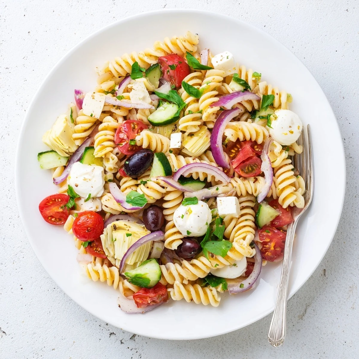 Vibrant Mediterranean pasta salad featuring fusilli noodles with bell peppers, olives, and artichoke hearts coated in zesty dressing
