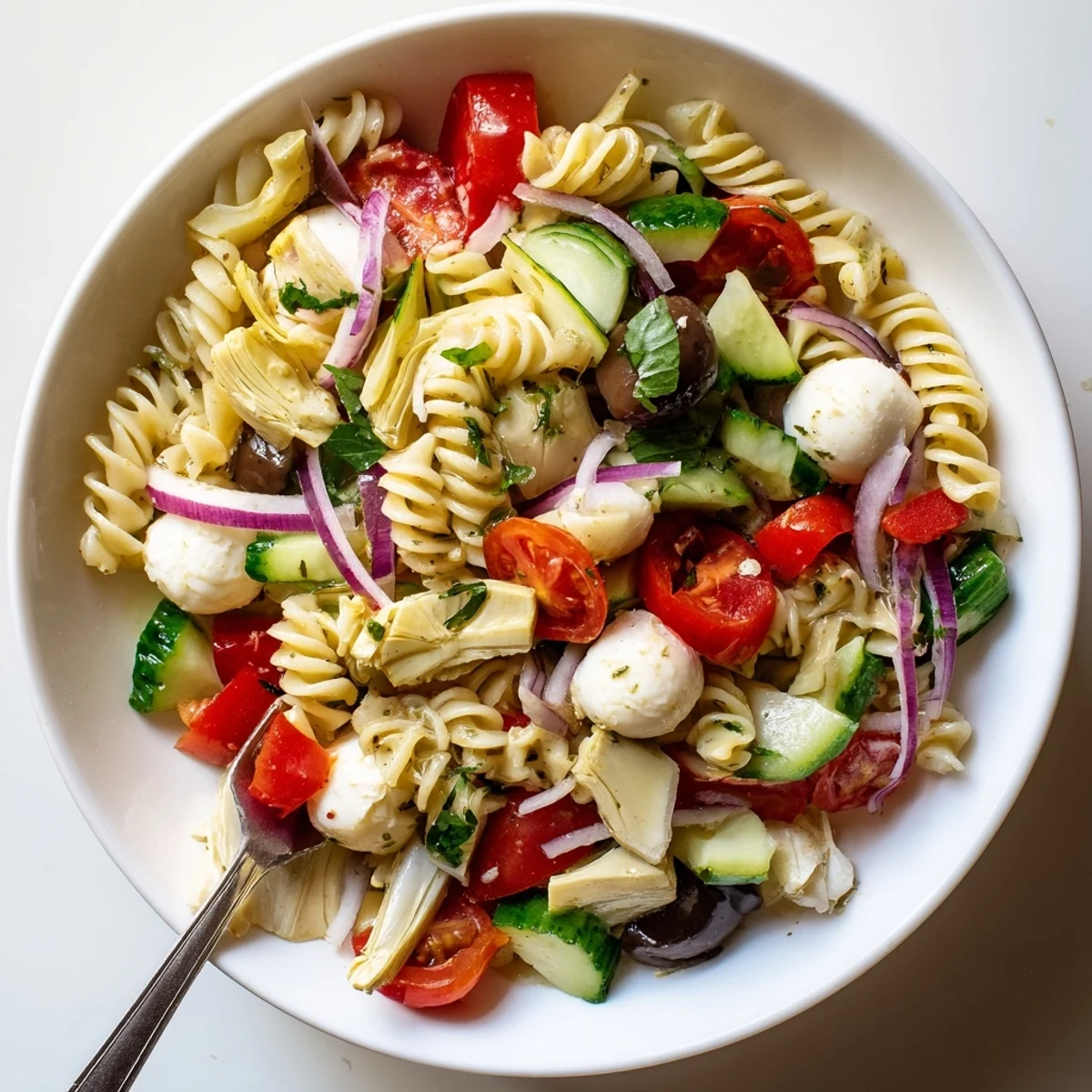 Refreshing Italian vegetarian pasta salad with basil and parsley garnish, perfect for summer picnics and potluck gatherings