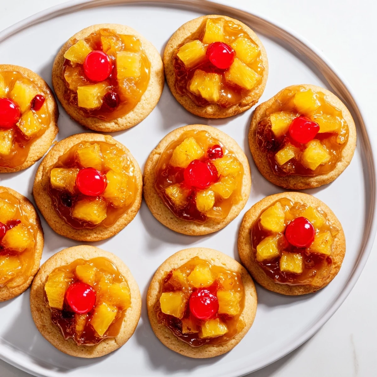 Golden pineapple upside down sugar cookies with caramelized fruit and bright red cherry halves