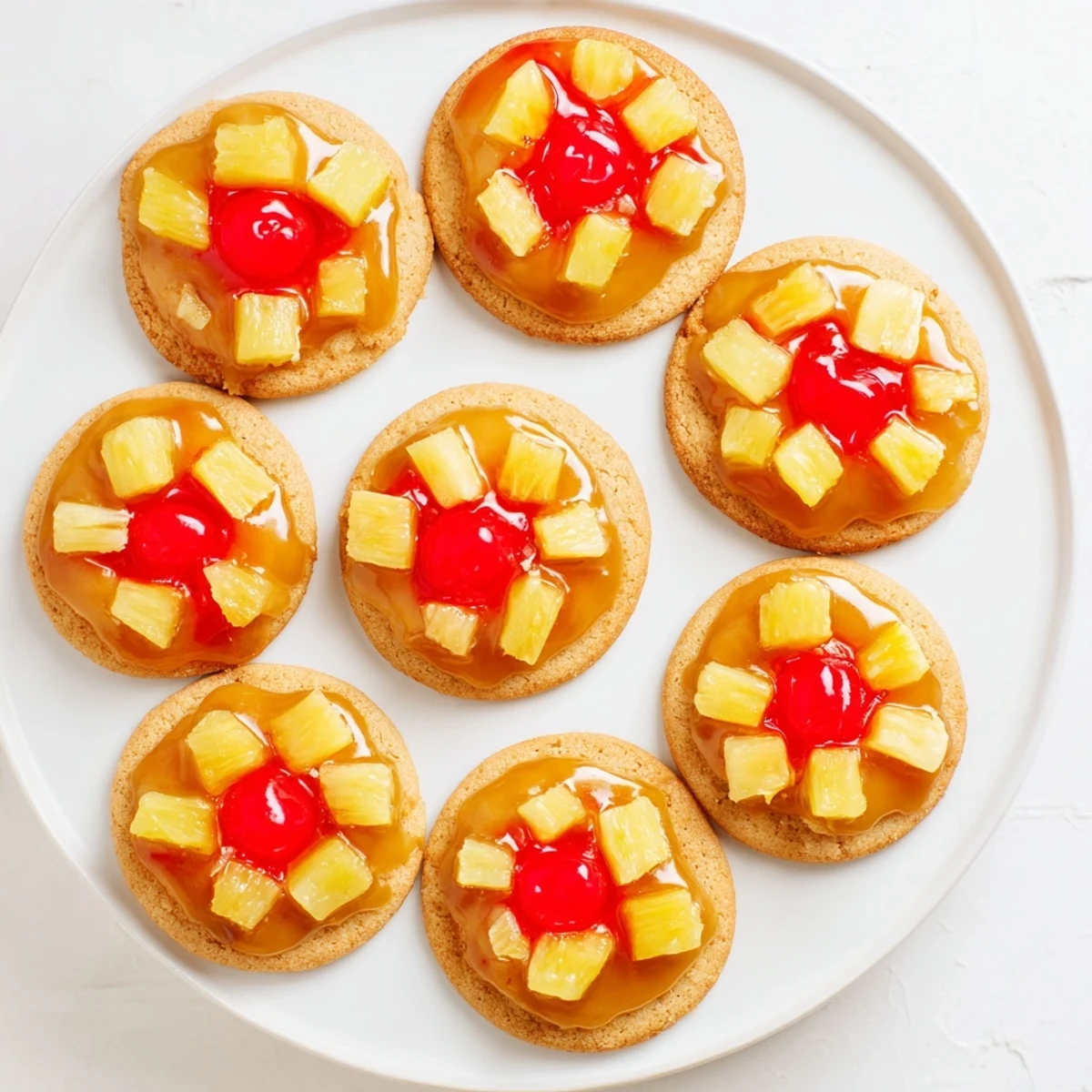 Soft sugar cookie base topped with warm brown sugar pineapple and cherry upside down design
