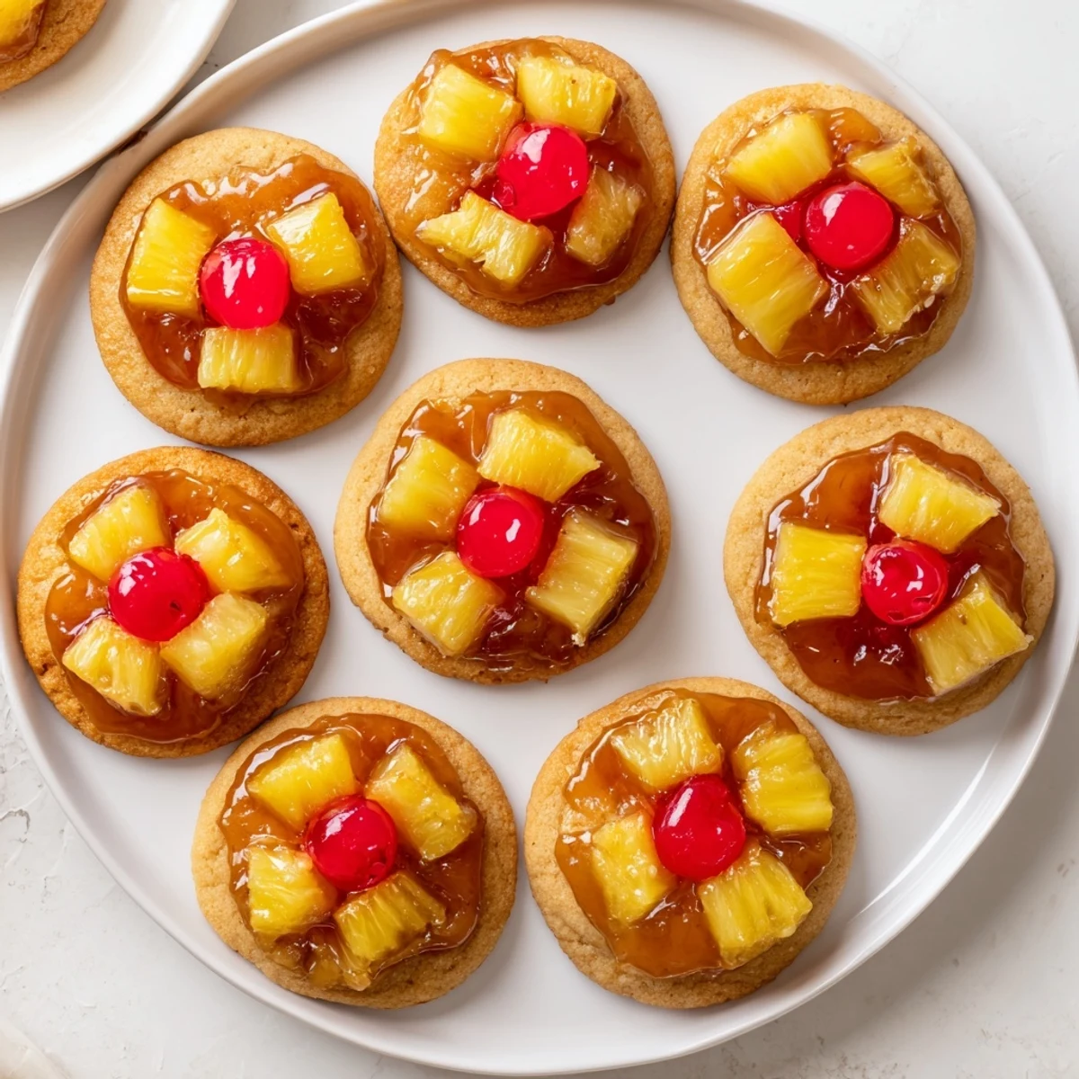 Freshly baked pineapple upside down sugar cookies showing gooey caramelized fruit topping on white plate