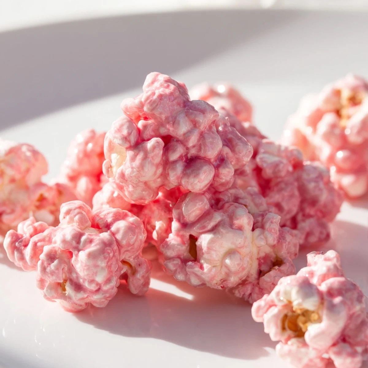 Homemade pink popcorn arranged in rustic bowl with shiny candy coating and light pink hue