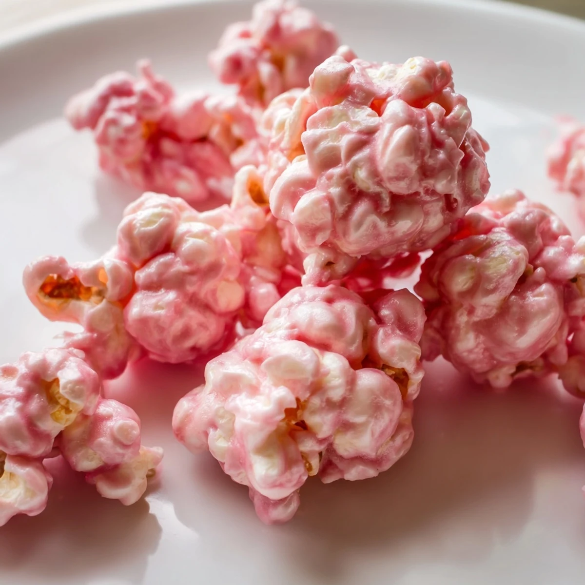 Pink popcorn recipe showing fluffy kernels coated in rosy vanilla glaze on white parchment paper