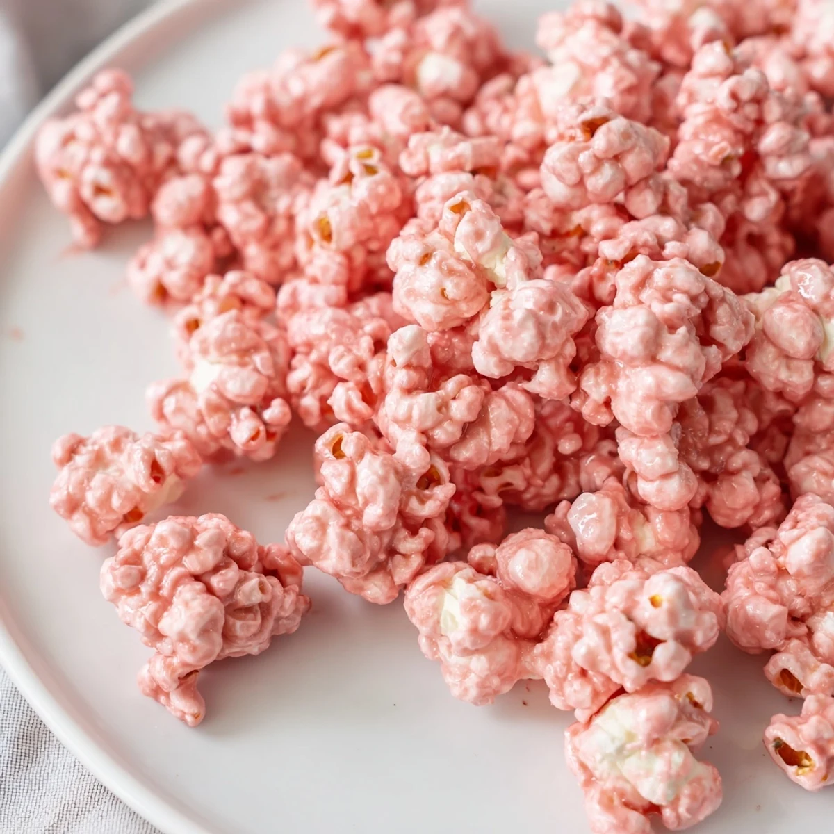 Sweet pink popcorn recipe displaying glossy red-tinted glaze coating crisp white popped kernels for serving