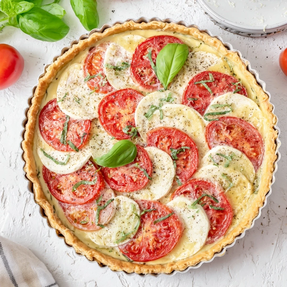 Golden savory tomato basil tart featuring ripe tomato slices and melted mozzarella on flaky puff pastry