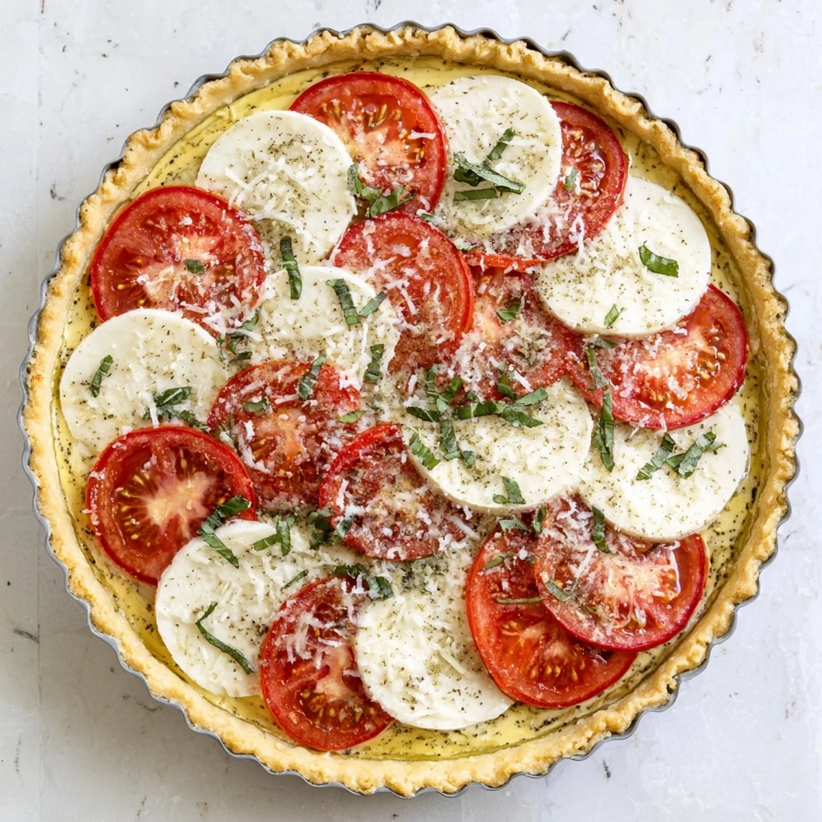 Fresh savory tomato basil tart arranged with colorful layered tomatoes and creamy cheese filling on golden crust