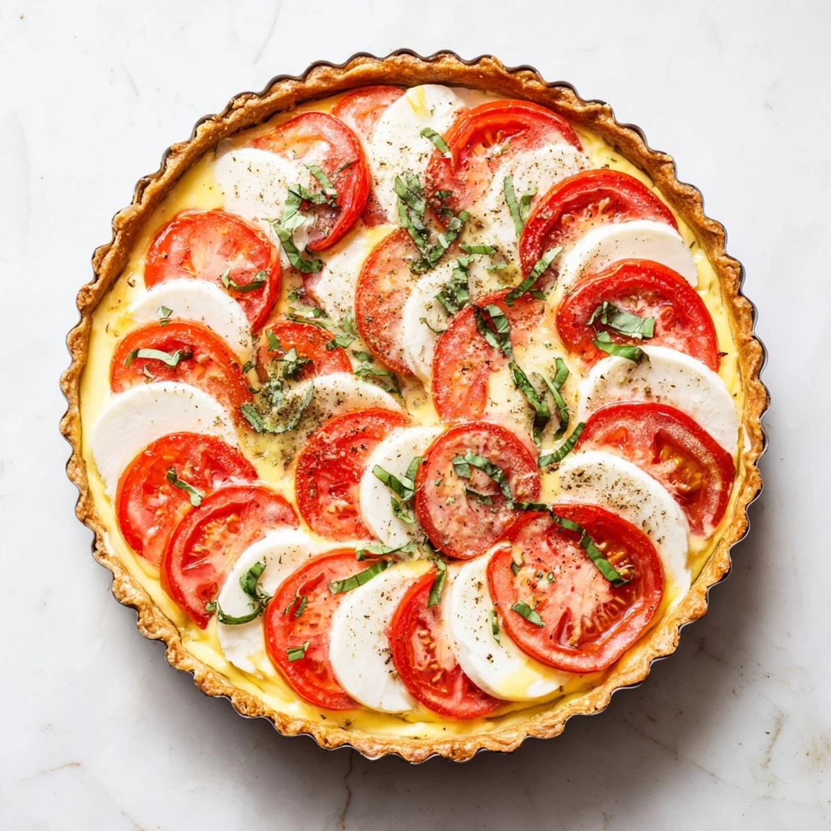 Savory tomato basil tart garnished with basil leaves, ready to serve as an elegant French vegetarian brunch
