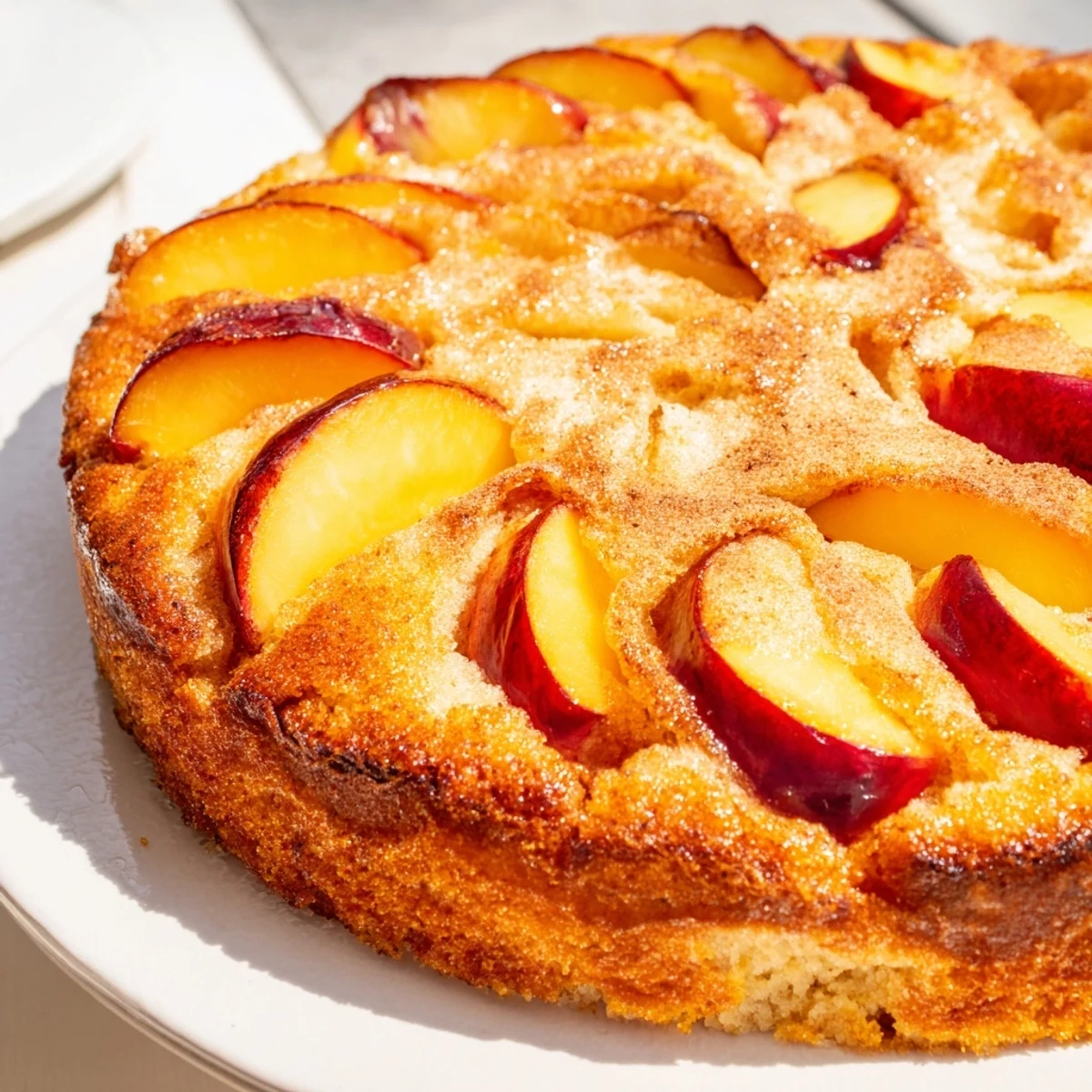 Slice of tender peach cake showing golden crumb and burst fruit pieces