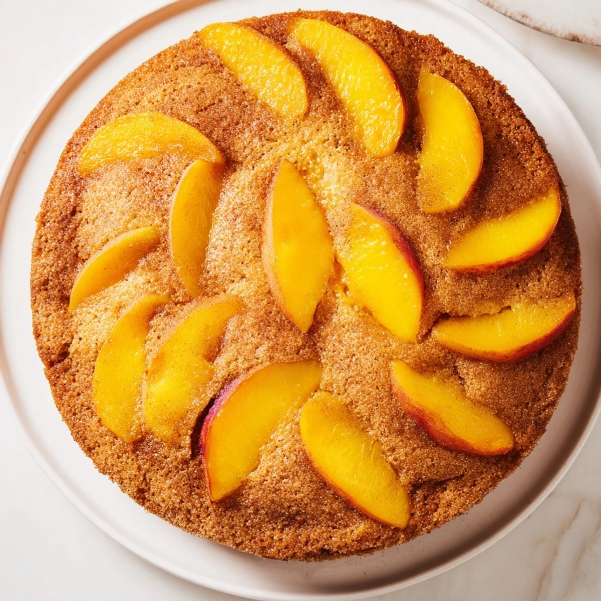 Moist vanilla cake studded with juicy fresh peaches and cinnamon sugar topping