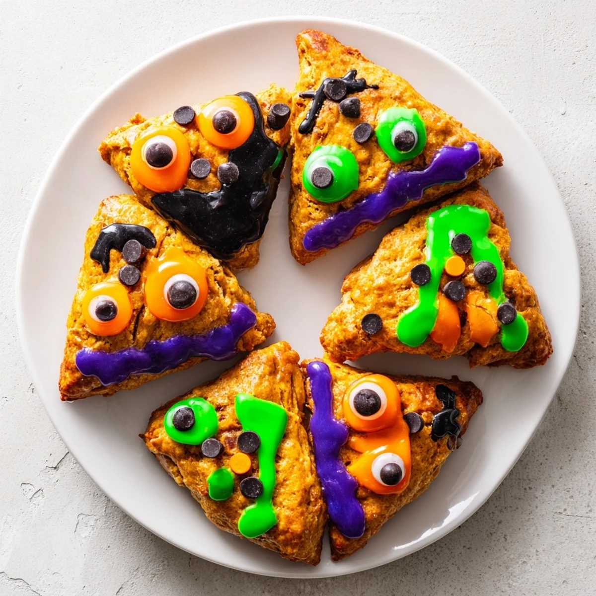 Golden pumpkin scones topped with colorful glaze and candy eyes creating playful monster faces for Halloween