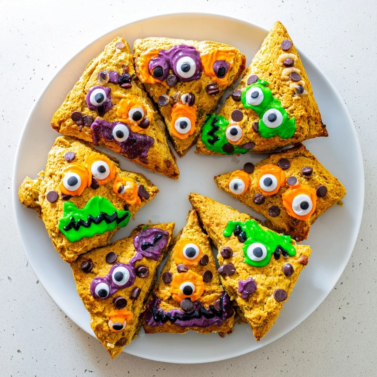 Spiced Halloween pumpkin scones decorated with vibrant monster faces featuring candy eyes and colorful icing drizzles