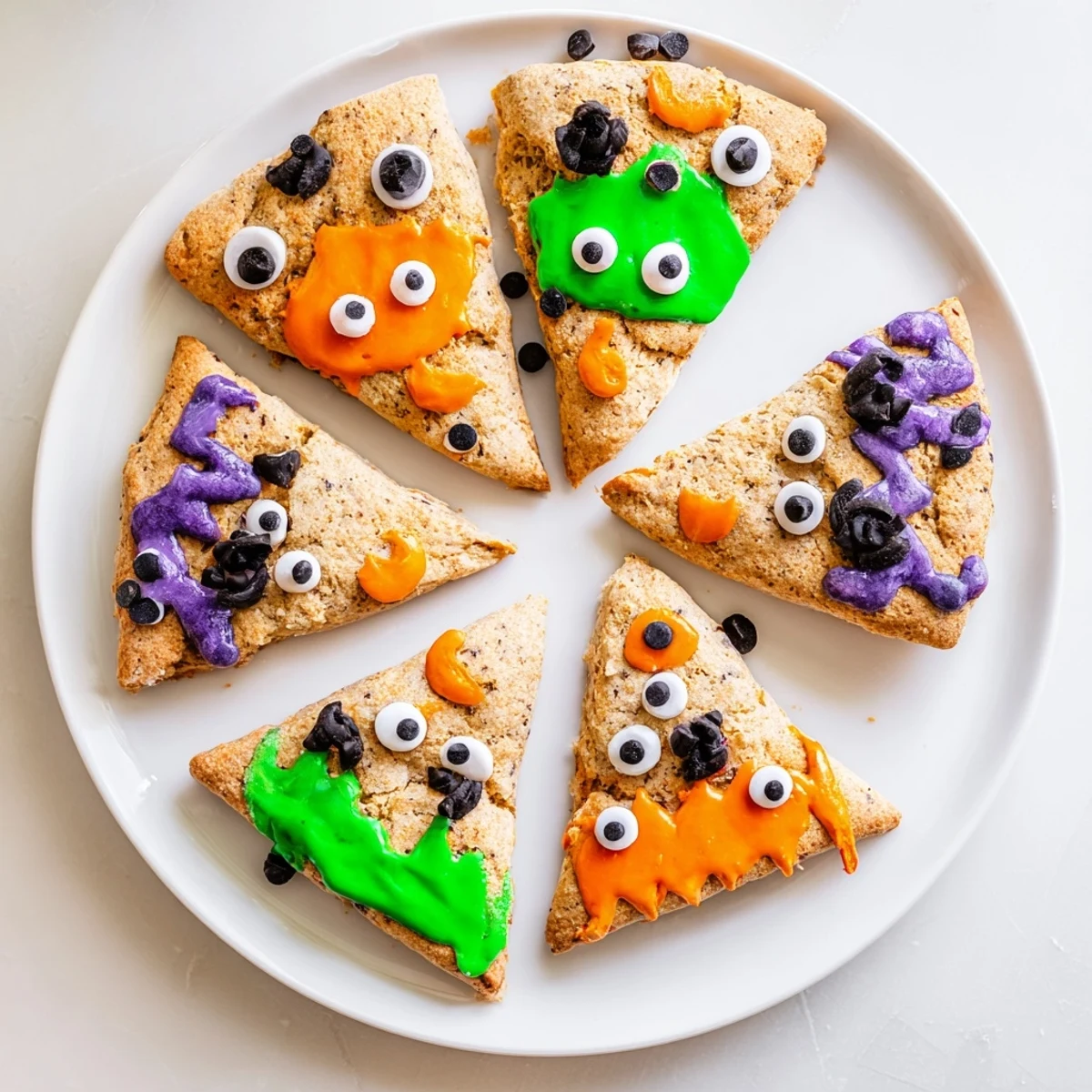 Warm autumn pumpkin scones transformed into fun monster treats with googly eyes and orange green glaze