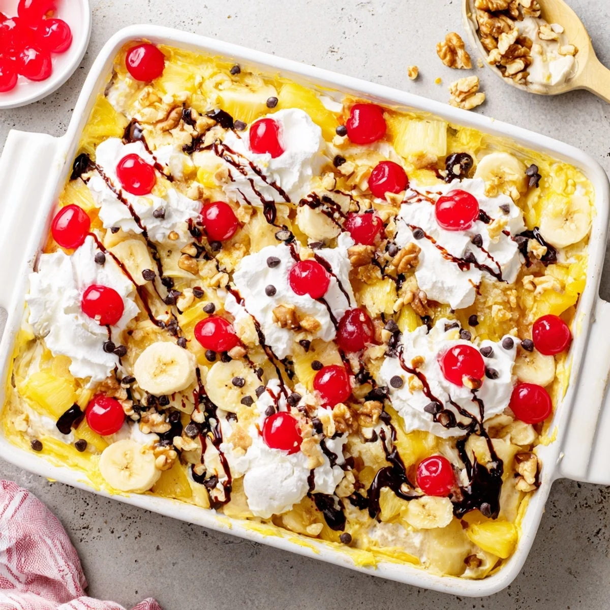 Gooey yellow cake layered over chocolate chips cherries pineapple and sliced ripe bananas