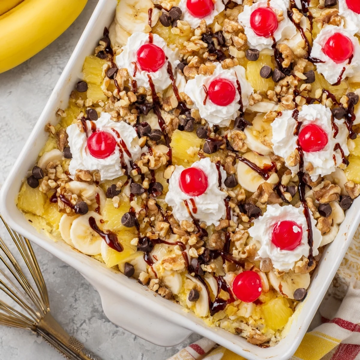 Golden banana split dump cake baked with melted butter and topped with whipped cream