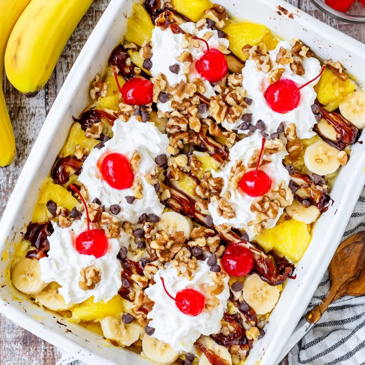 Warm bubbling 9x13 pan of banana split dump cake served with vanilla ice cream