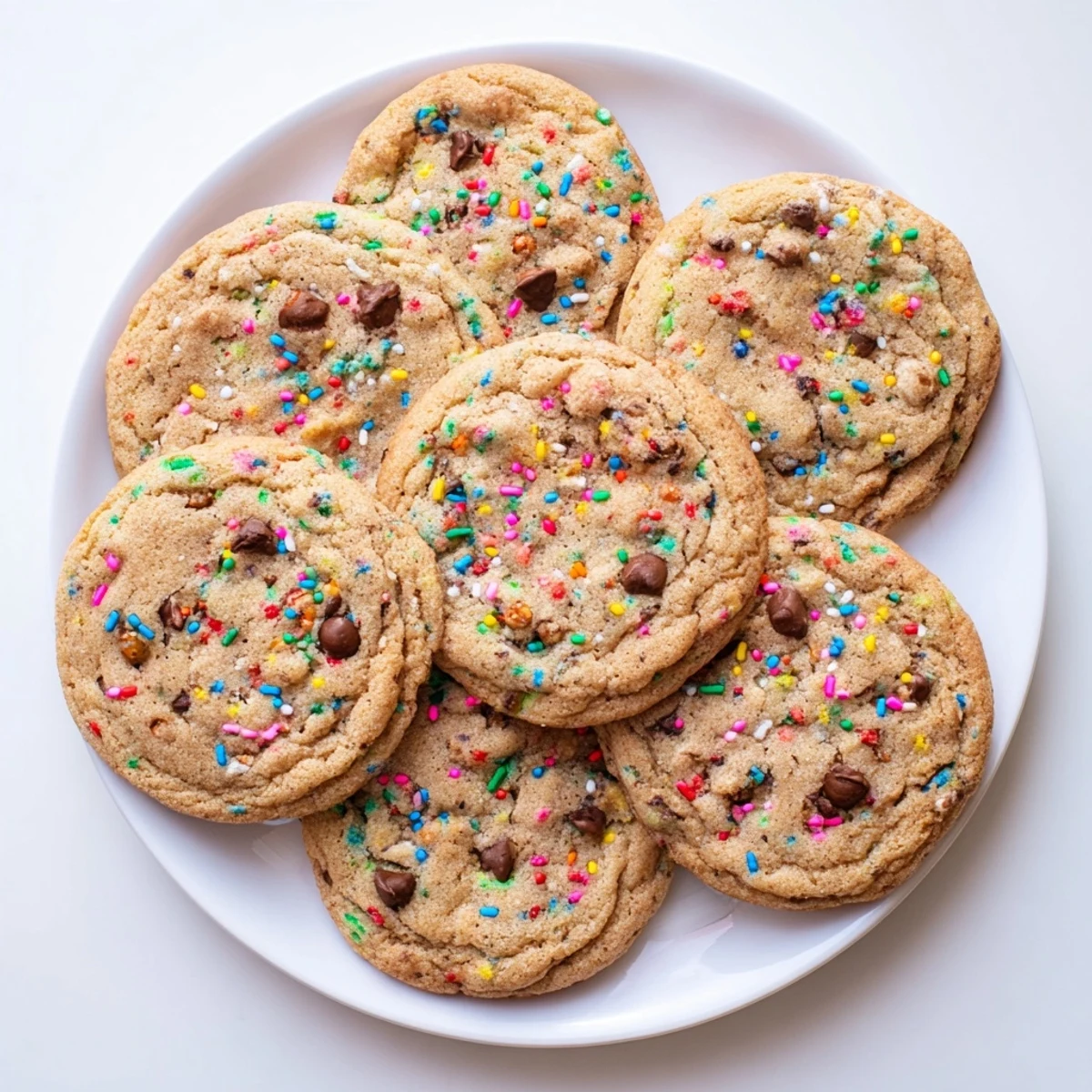 Soft chocolate chip sprinkle cookies stacked on a white plate with colorful confetti bits visible throughout the golden brown dough