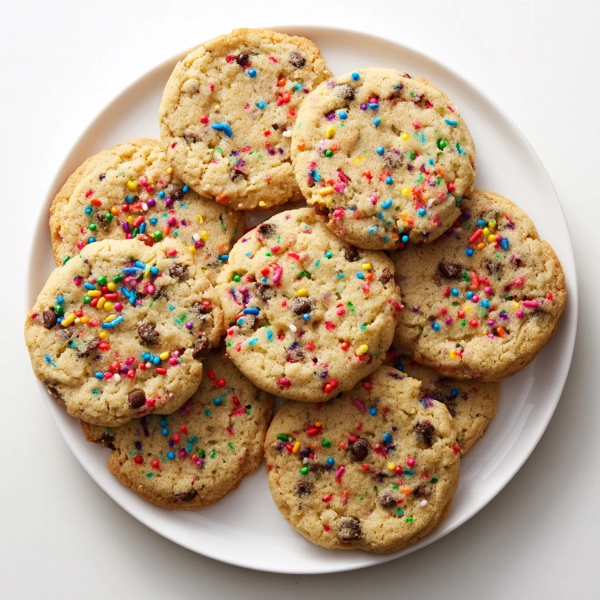 Freshly baked chocolate chip sprinkle cookies cooling on a wire rack, their edges lightly golden and studded with rainbow sprinkles
