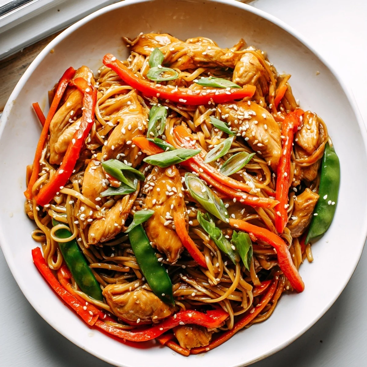 Glossy sticky garlic chicken noodles with tender chicken pieces and colorful vegetables in a rich savory sauce